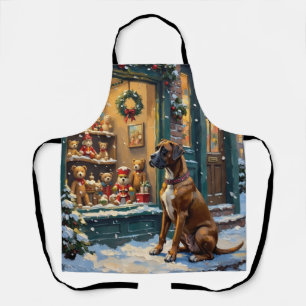 Oude bouvierhond bij kerstspeelgoedwinkelruit schort