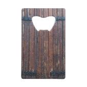 Oude bruine houten deuren met zwarte ijzersteunen kredietkaart flessenopener (Achterkant)