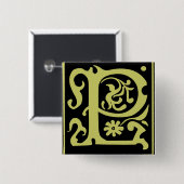 Oude Calligrafie Letter P Square Button Pin (Voorkant /achterkant)