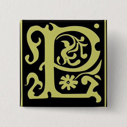 Oude Calligrafie Letter P Square Button Pin (Voorkant)