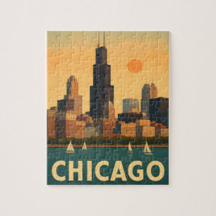Oude Chicago skyline, zeilboot op het Michiganmeer Legpuzzel