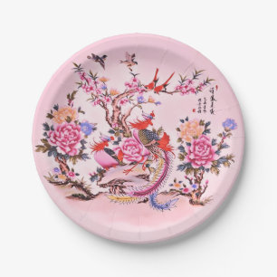 Oude Chinese Bloemvogels Roze Chinoiserie Papieren Bordje