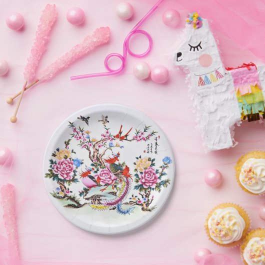 Oude Chinese Bloemvogels Witte Chinoiserie Papieren Bordje (Feest)