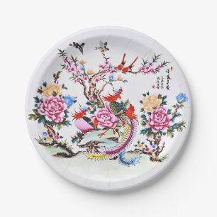 Oude Chinese Bloemvogels Witte Chinoiserie Papieren Bordje