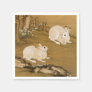 Oude Chinese Kunst Twee Witte Konijnen Schilderij Servet