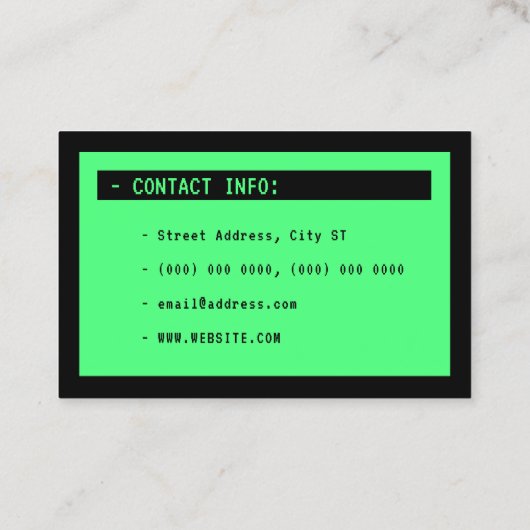 Oude computerscherm groen en zwart visitekaartje (Achterkant)