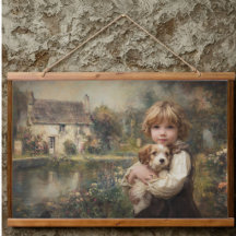 Oude Cottage Kind met Puppy Poster