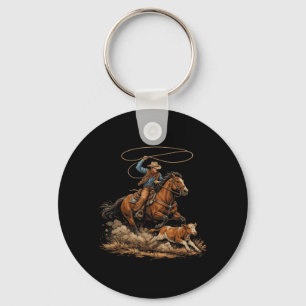 Oude Cowboy die Kalf Vastrijdt Rodeo Country Weste Sleutelhanger
