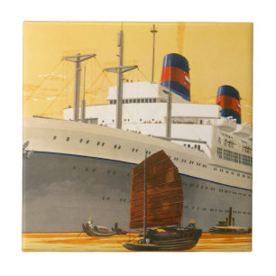 Oude cruiseschip naar het Oosten met jonkboten Tegeltje
