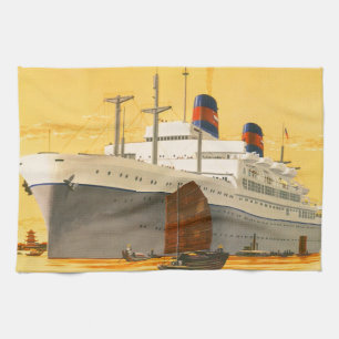 Oude cruiseschip naar het Oosten met jonkboten Theedoek
