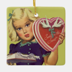 Oude Cute Valentijnsdag, Meisje met Chocolade Keramisch Ornament