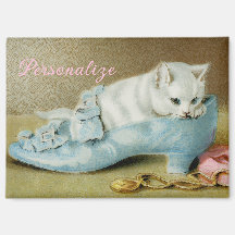 Oude cute witte kat in een blauwe satijnen schoen