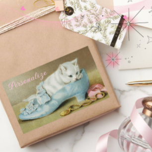 Oude cute witte kat in een blauwe satijnen schoen rechthoekige sticker