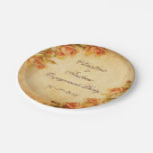 Oude Damast Shabby Chic Perzikkleurige Rozen Trouw Papieren Bordje (Gekanteld)