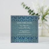 Oude damasten Navy Save the date kaart (Staand voorkant)