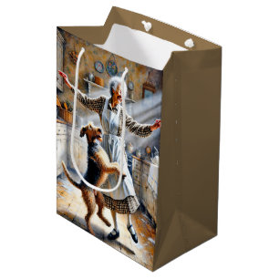 Oude dame dansen met haar hond verjaardag medium cadeauzakje