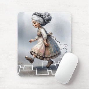 Oude Dame Hopping Op Spel Pleinen Muismat