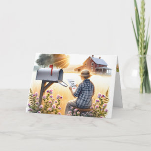 Oude dame leest verjaardagsbrief van vriend kaart