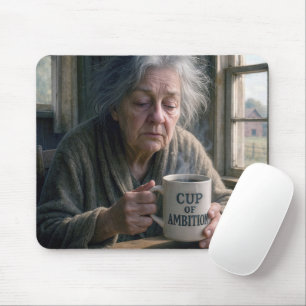 Oude dame met dampende kop koffie muismat