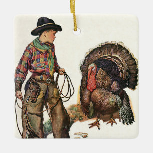 Oude Dankdag, Cowboy die een kalkoen vangt Keramisch Ornament