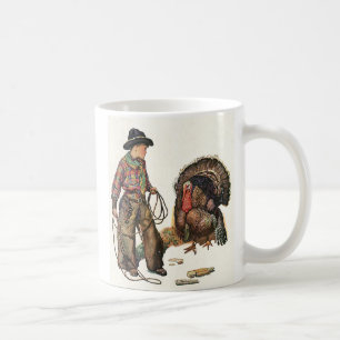 Oude Dankdag, Cowboy die een kalkoen vangt Koffiemok