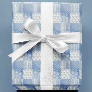 Oude Denim Blauwe Crème Witte Patchwork Cadeaupapier