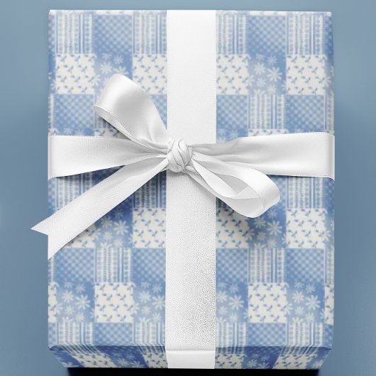 Oude Denim Blauwe Crème Witte Patchwork  Cadeaupapier