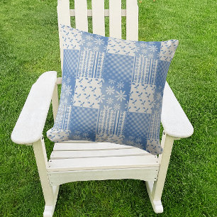 Oude Denim Blauwe Crème Witte Patchwork Kussen