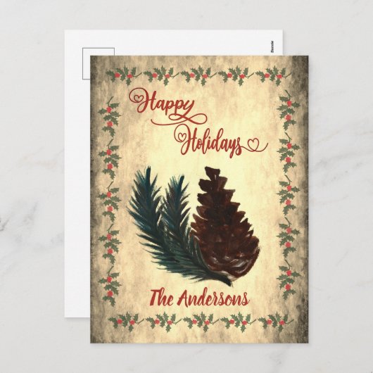 Oude dennenappel Rode kalligrafie Prettige Feestda Feestdagenkaart (Voorkant / Achterkant)