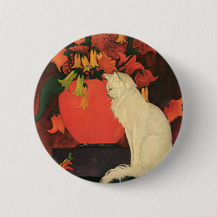 Oude dieren, elegante witte kat, herfstbloemen ronde button 5,7 cm
