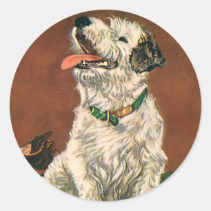 Oude Dieren, Schattige Terriër Puppy Die Schoenen  Ronde Sticker