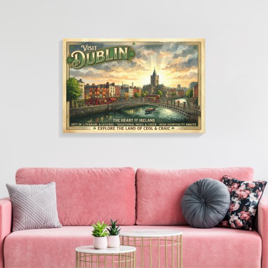 Oude Dublin Reisposter Canvas Afdruk (Insitu (Woonkamer))