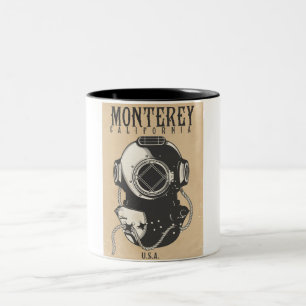 Oude duikposter naar Monterey Californië VS Tweekleurige Koffiemok