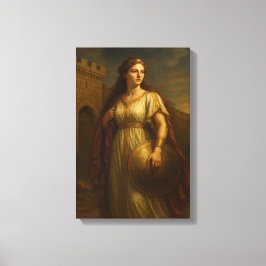 Oude edelvrouw met schild in de buurt van kasteelm canvas afdruk