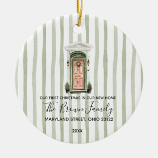 Oude eerste kerst in nieuwe thuis groene strepen keramisch ornament