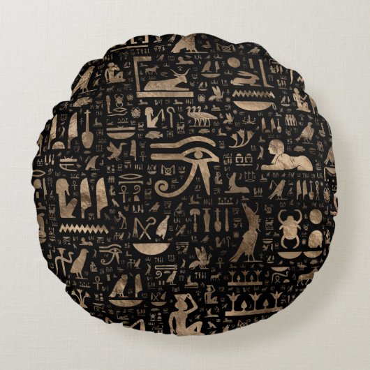 Oude Egyptische hiërogliefen - zwart en goud Rond Kussen (Voorkant)