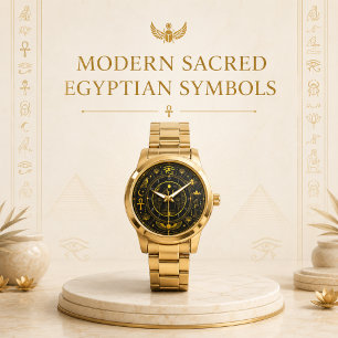 Oude Egyptische Symbolen Zwart Goud Patroon Luxe Horloge