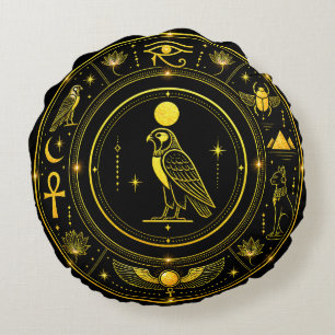 Oude Egyptische Symbolen Zwart Goud Patroon Luxe Rond Kussen