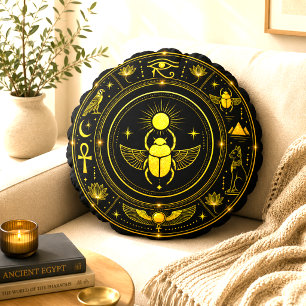Oude Egyptische Symbolen Zwart Goud Patroon Luxe Rond Kussen