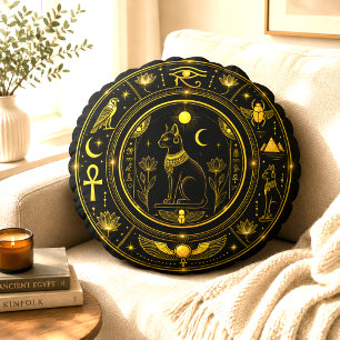 Oude Egyptische Symbolen Zwart Goud Patroon Luxe Rond Kussen
