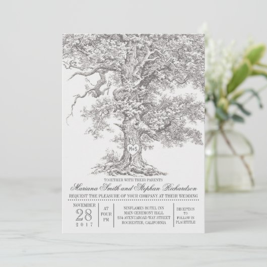 oude eik boom rustieke bruiloft uitnodigingen (Staand voorkant)