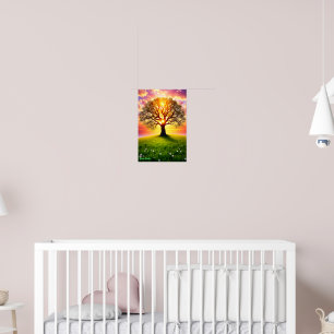 Oude eik op groene heuvel bij zonsondergang poster