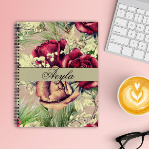 Oude Elegante Rozen en Pijnboom op Hout Notitieboek