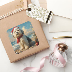 Oude Engelse Herdershond Kerstmis Vintage Strand Vierkante Sticker