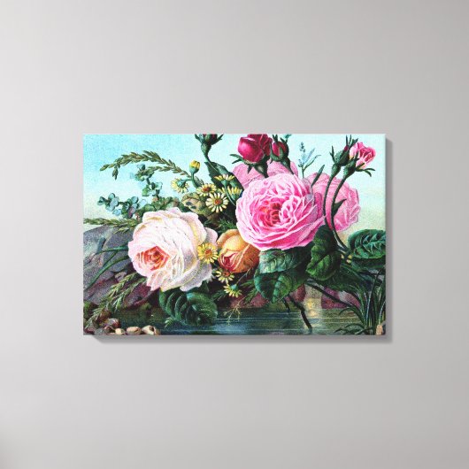 Oude Engelse Rozen Bloemendruk Shabby Chic oud Canvas Afdruk (Voorkant)