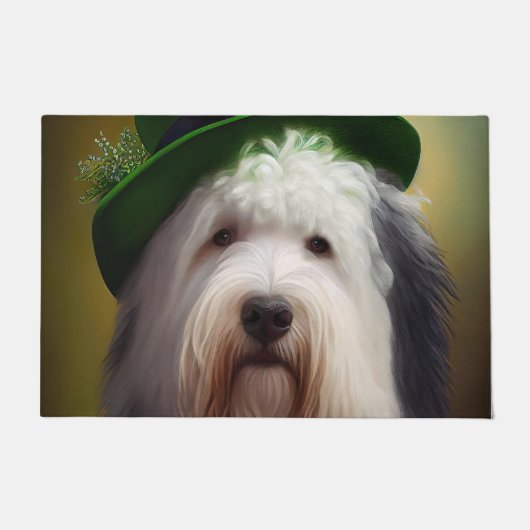 Oude Engelse Sheepdog in St. Patrick's Day Dress Deurmat (Voorkant)