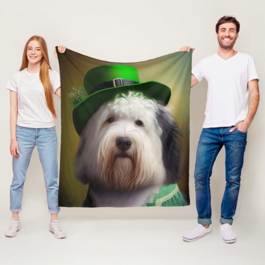 Oude Engelse Sheepdog in St. Patrick's Day Dress Fleece Deken (In situ)