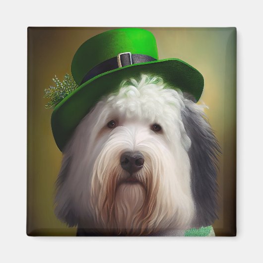 Oude Engelse Sheepdog in St. Patrick's Day Dress Magneet (Voorkant)