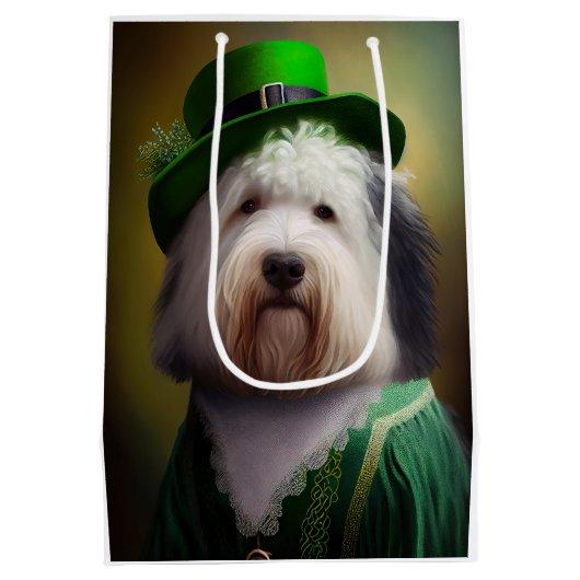 Oude Engelse Sheepdog in St. Patrick's Day Dress Medium Cadeauzakje (Achterkant)