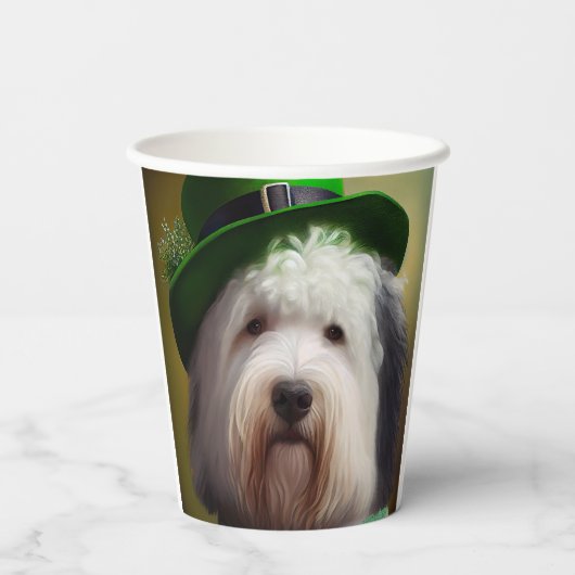 Oude Engelse Sheepdog in St. Patrick's Day Dress Papieren Bekers (Achterkant)